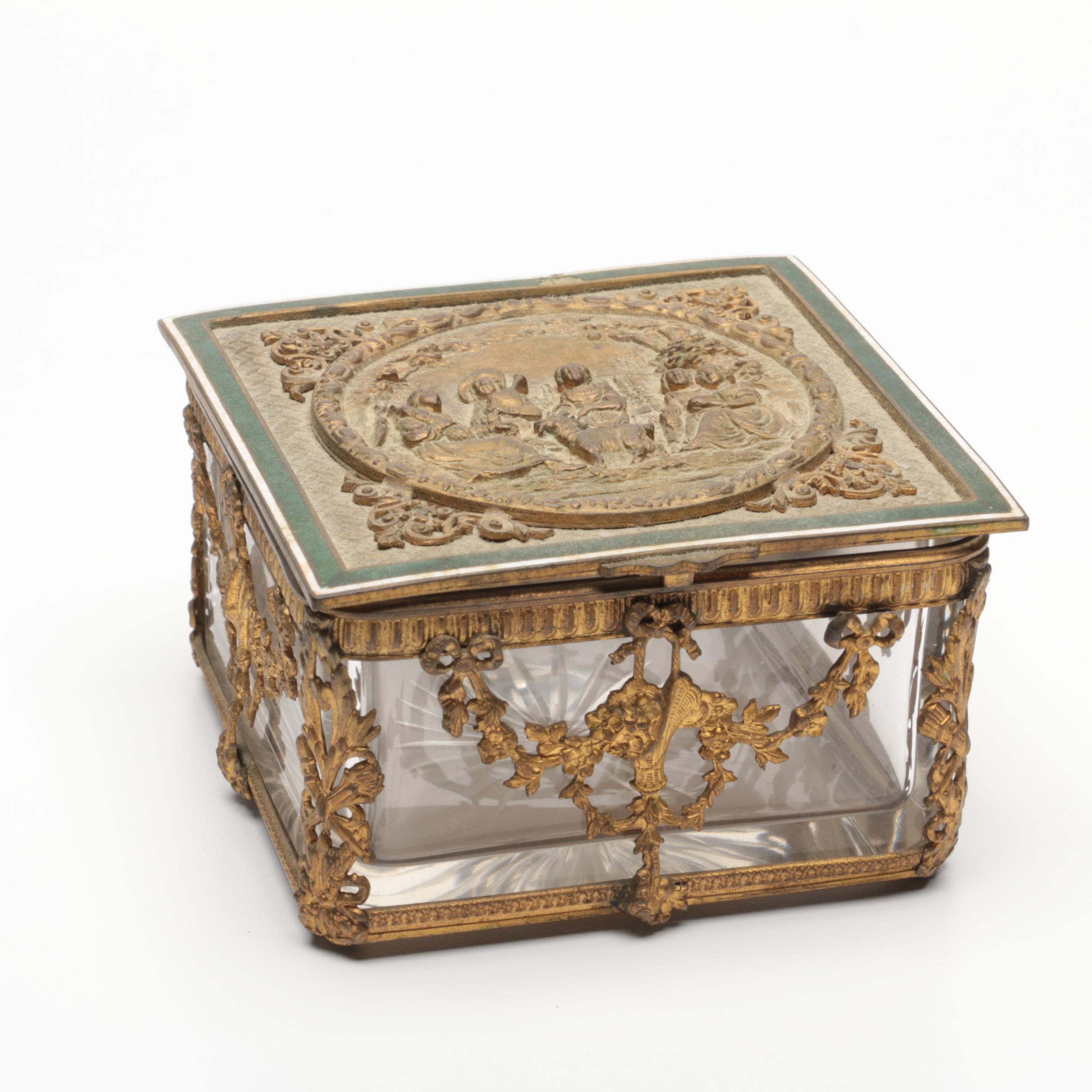 Painted Glass Perfume Bottle with Gilt Glass Basket and Jewelry Casket