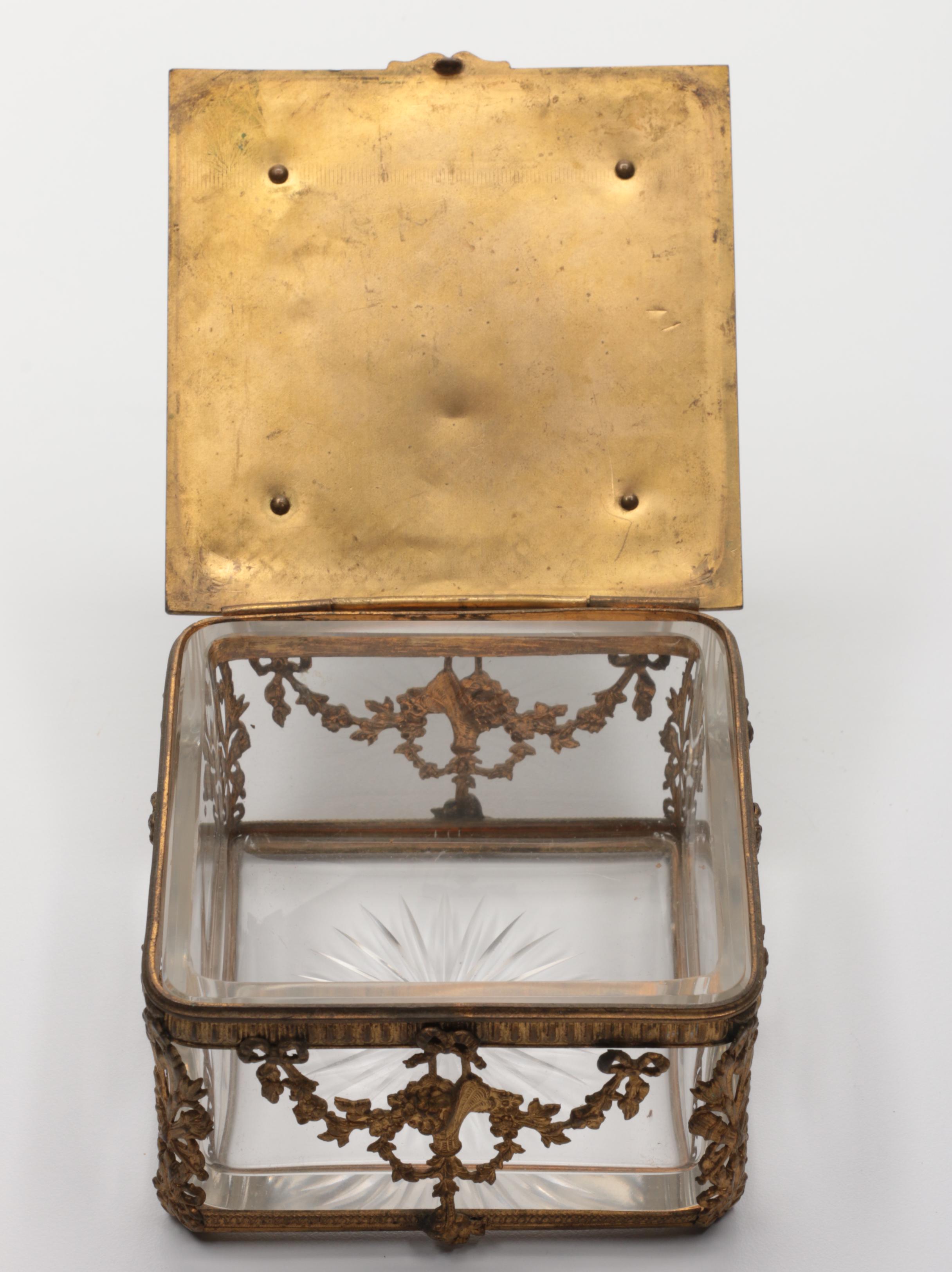 Painted Glass Perfume Bottle with Gilt Glass Basket and Jewelry Casket