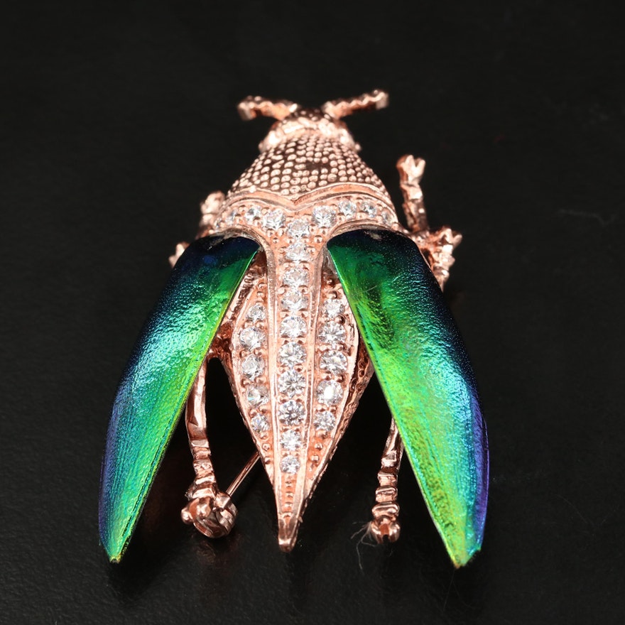 Sterling Beetle Converter Brooch with Cubic Zirconia and Elytra Wings