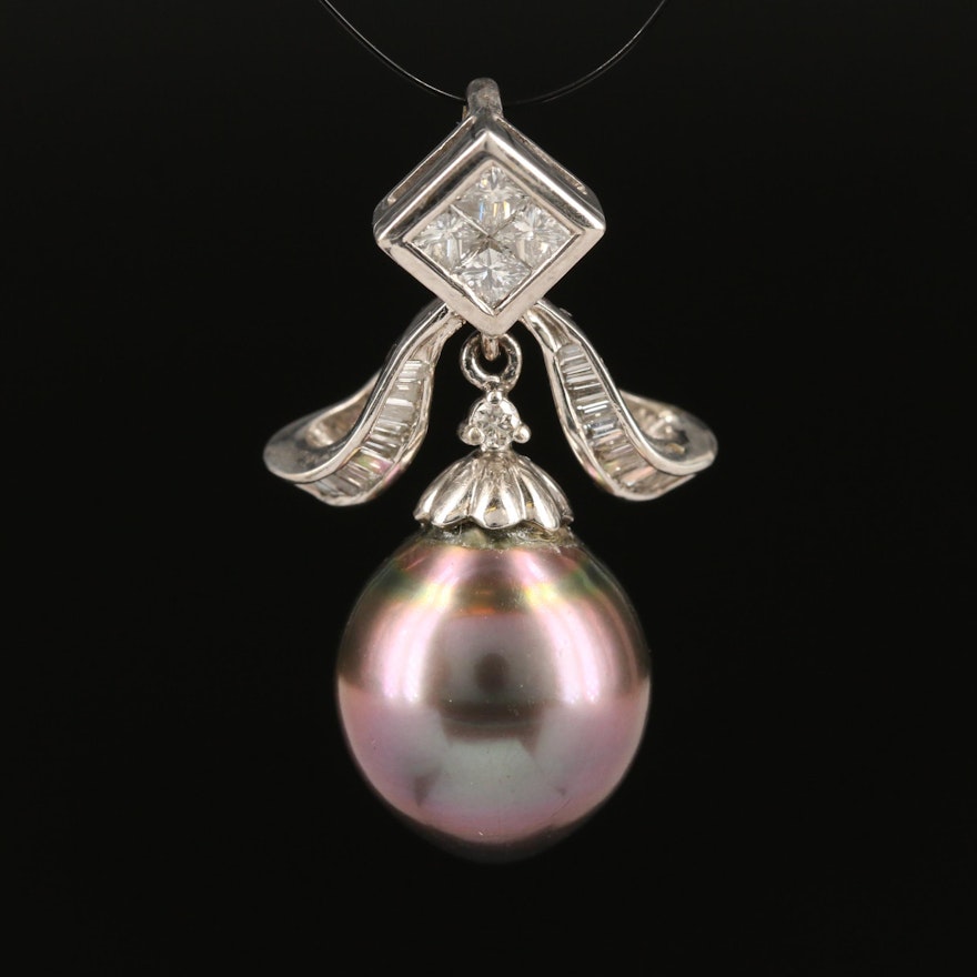 14K Pearl and Diamond Drop Pendant