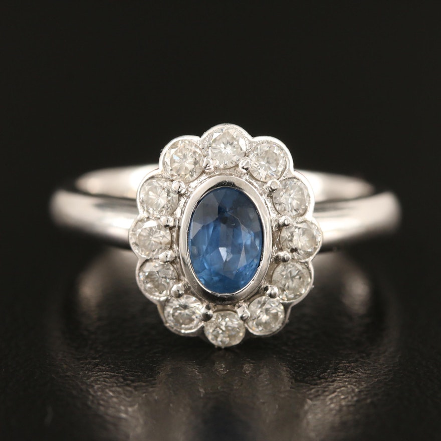 18K Sapphire Ring with Diamond Halo