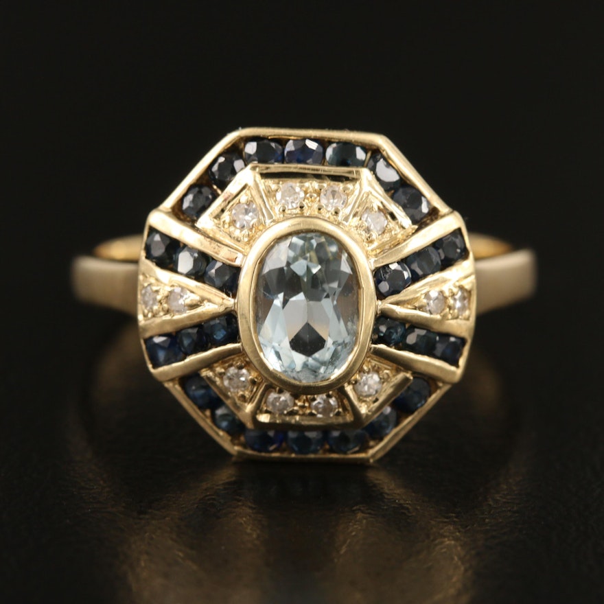 14K Aquamarine, Sapphire and Diamond Ring