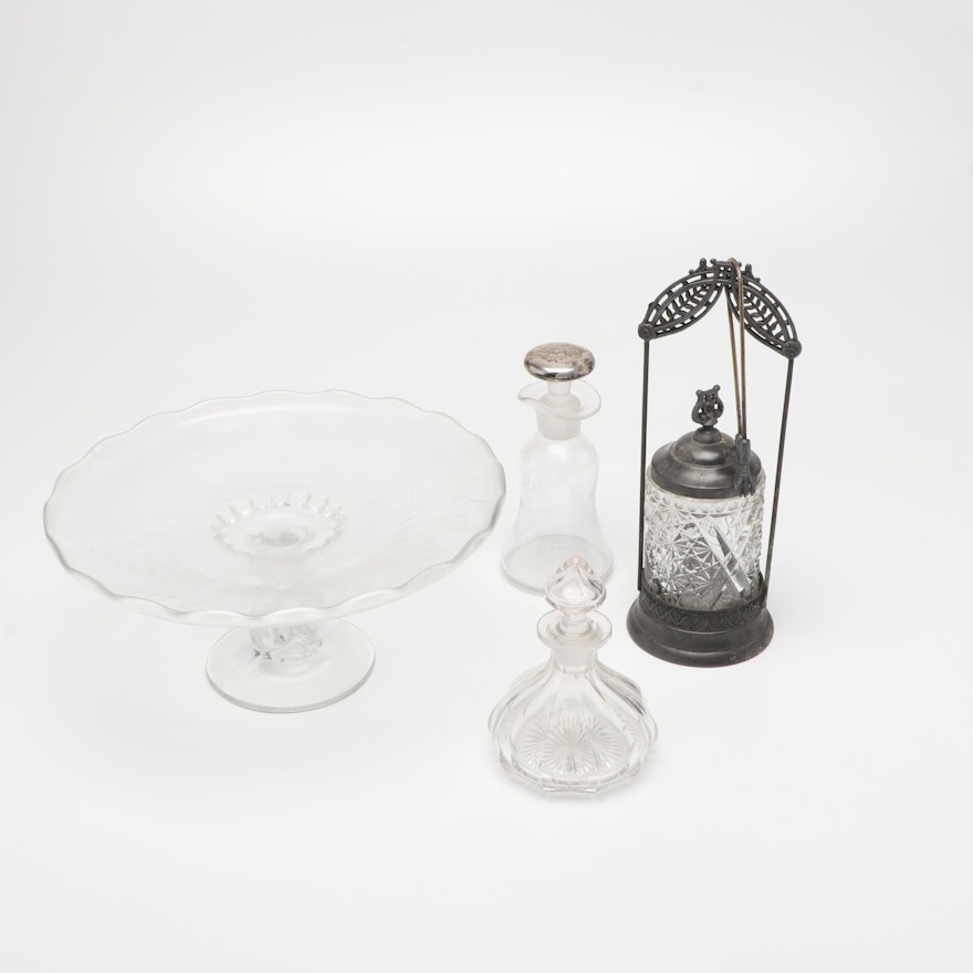 Glass Cake Plate, Crystal Oil and Vinegar Decanters, and Olive Jar