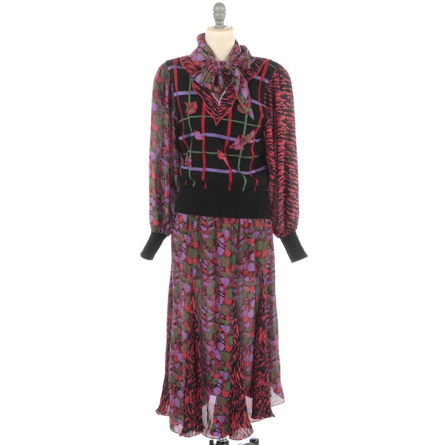 Diane Freis Knits Mixed Pattern Blouse and Skirt Set with Matching Scarf