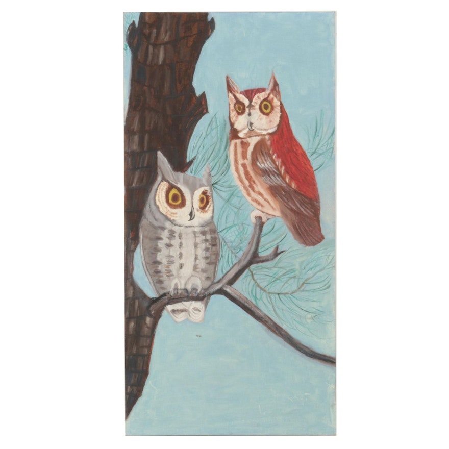 Oil Painting of Perched Owls, Mid-Late 20th Century