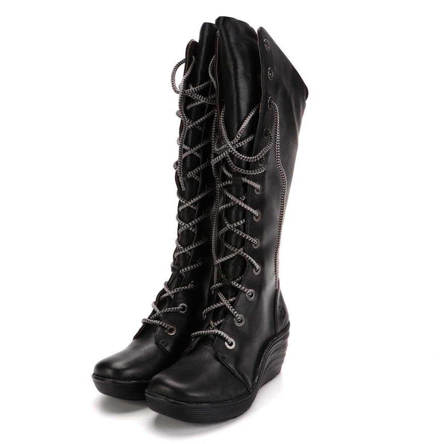 Bionica Culture Lace-Up Black Leather Platform Wedge Boots with Box