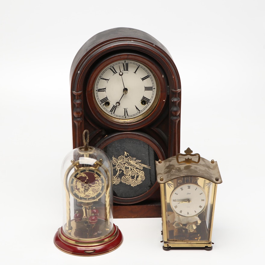 Schatz Anniversary and Mantel Clocks with Other Wood Cased Mantel Clock