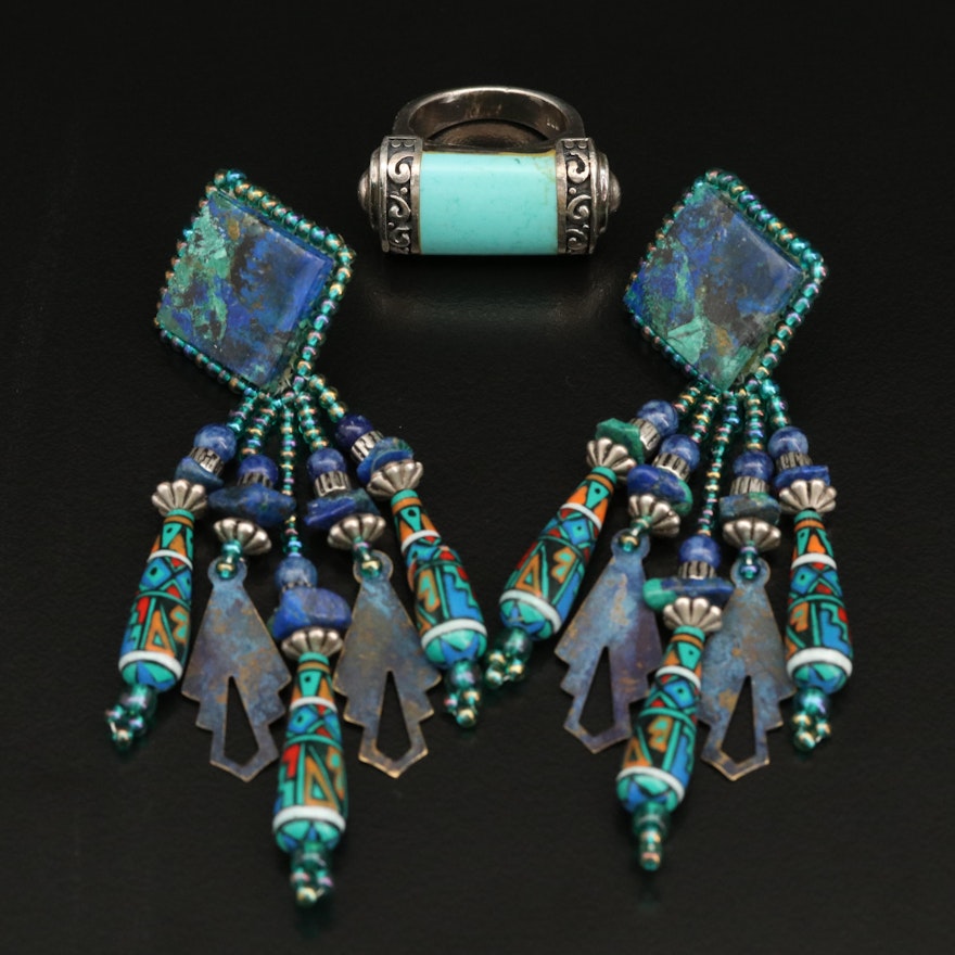 Sterling Imitation Turqoise Ring with Azurmalachite Chandelier Earrings