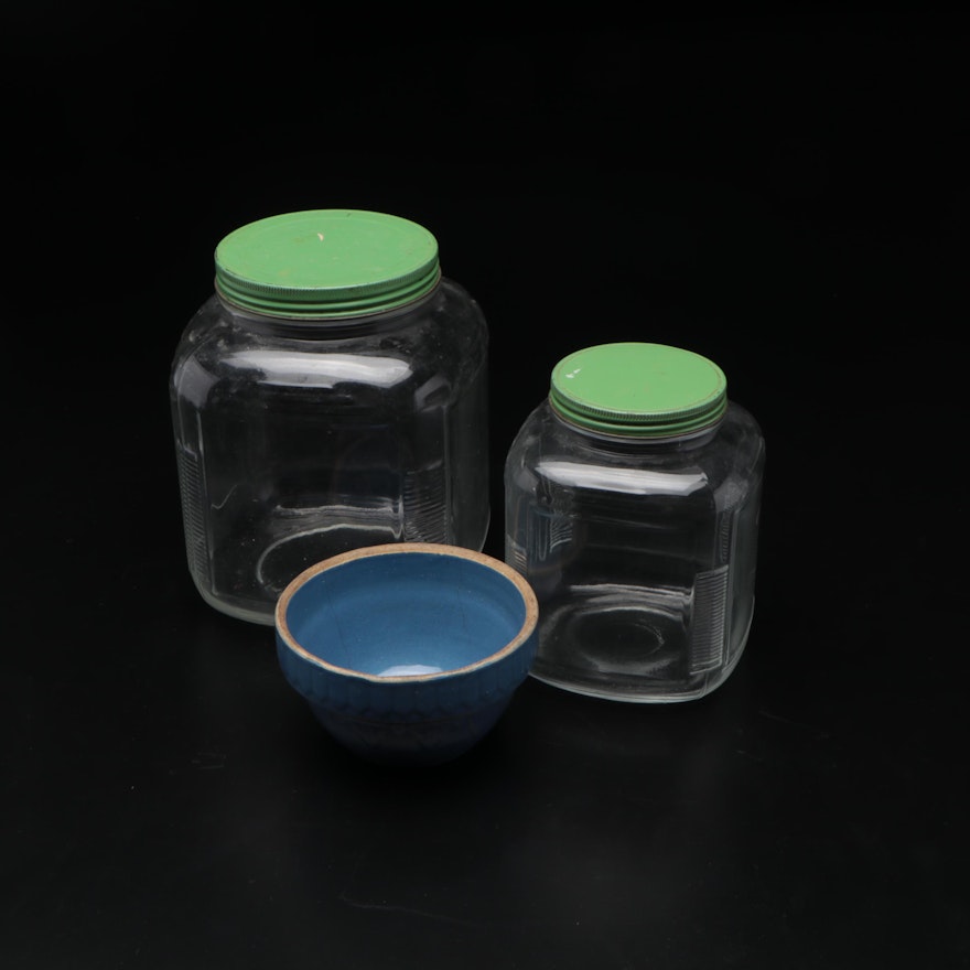 Glass Sugar and Flour Jars with Stoneware Mixing Bowl, Early to Mid 20th Century