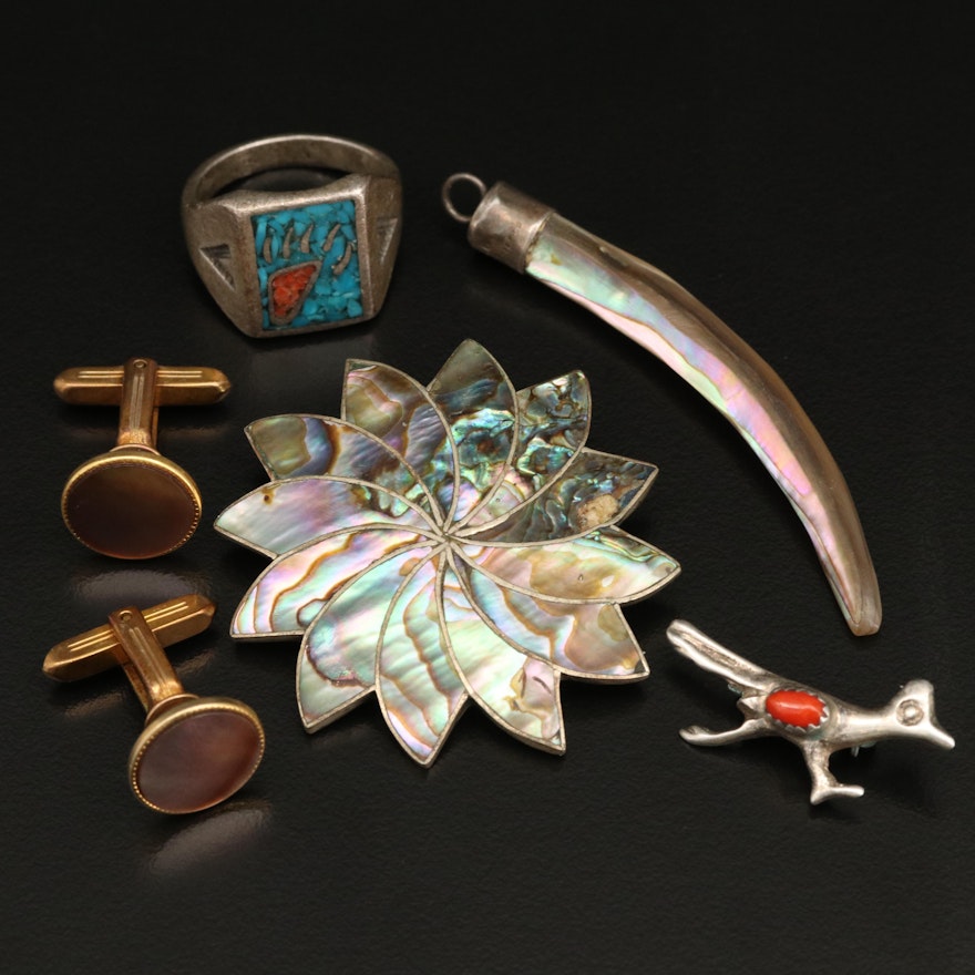 Abalone and Southwestern Ring Featured with Other Sterling Jewelry and Cufflinks