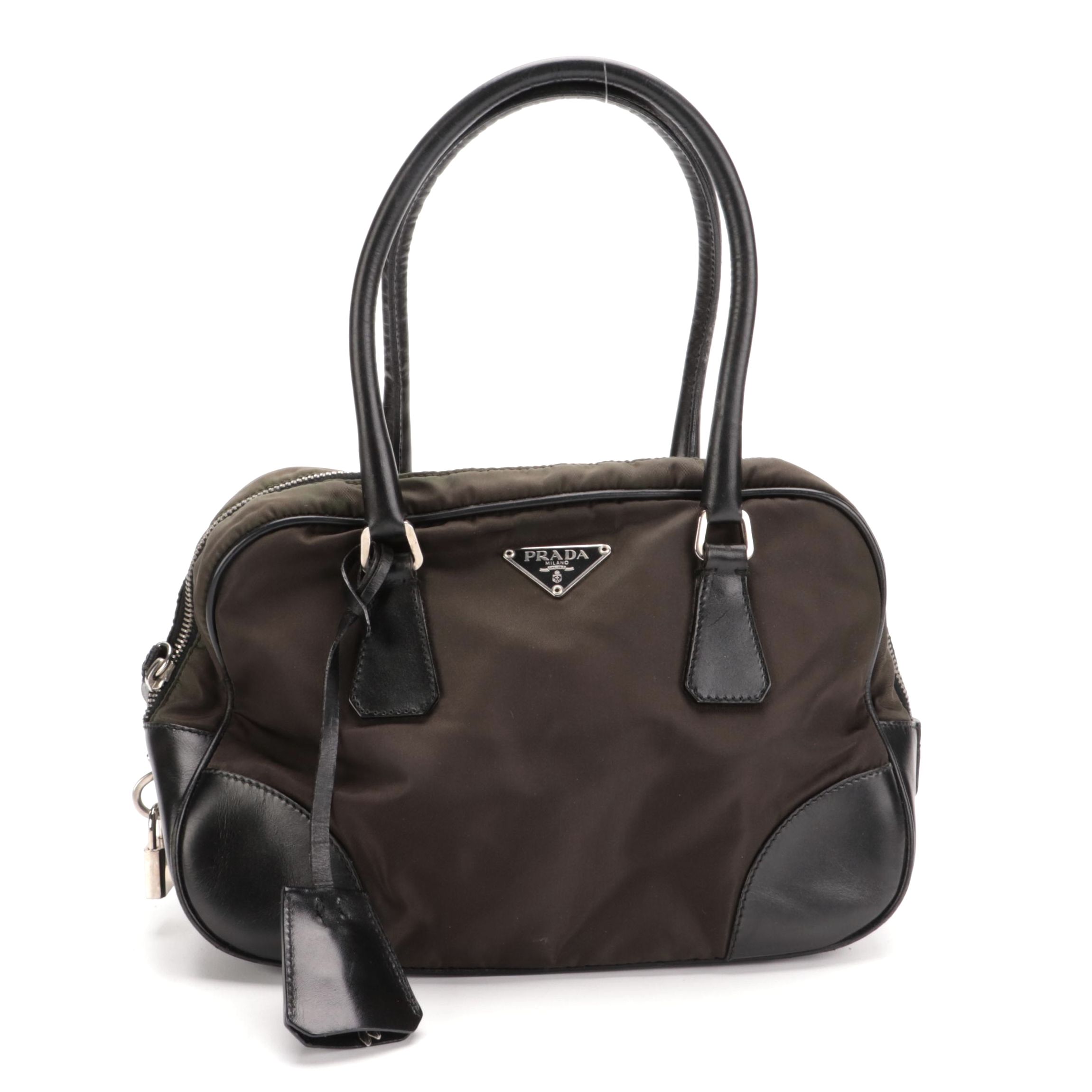 Prada Tessuto Boston Bag in Olive Green Nylon and Black Leather