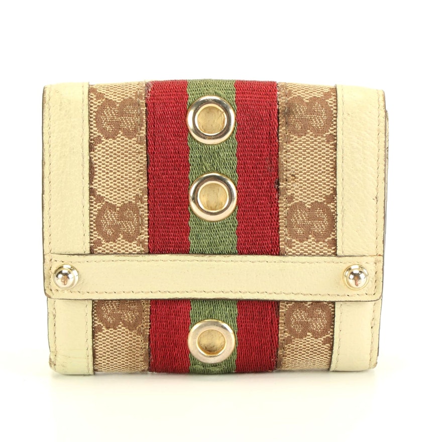 Gucci GG Canvas Wallet with Leather Trim and Web Stripe