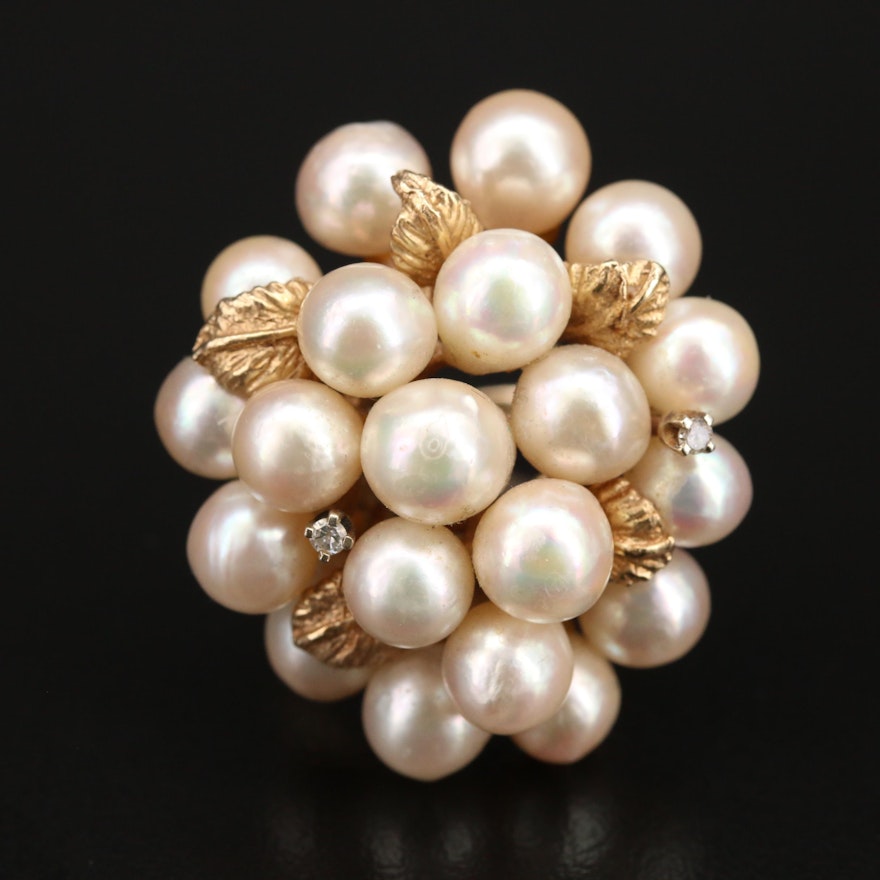 Vintage 14K Pearl and Diamond Cluster Ring with Foliate Accents
