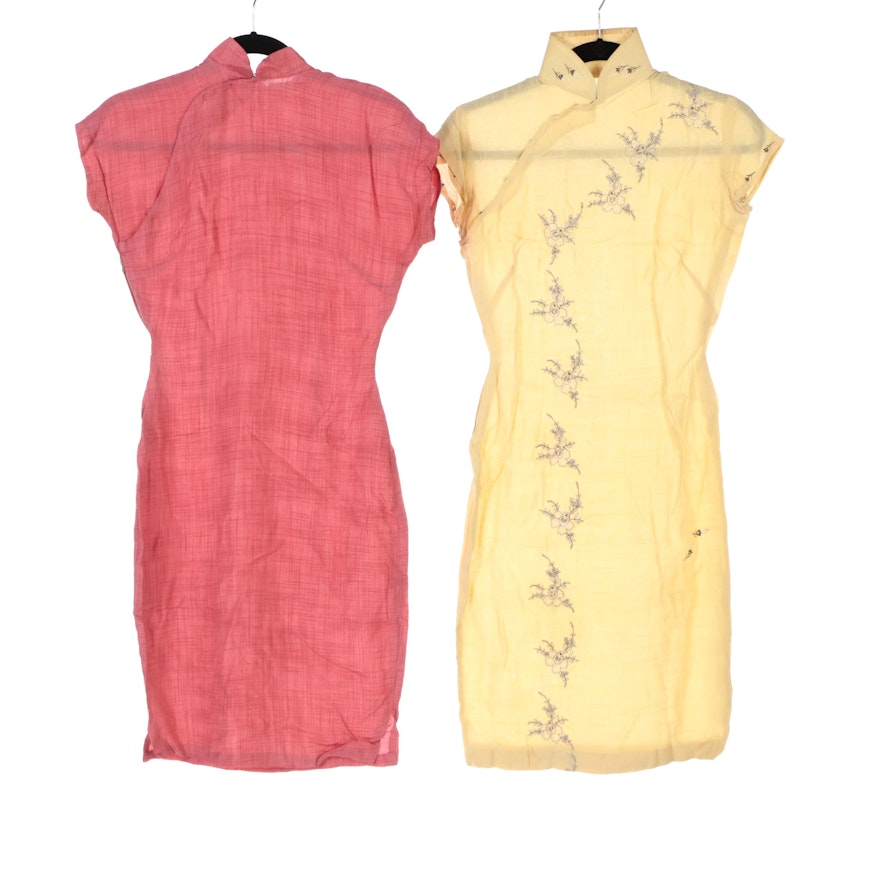 Pink Woven and Floral Embroidered Cheongsam Dresses