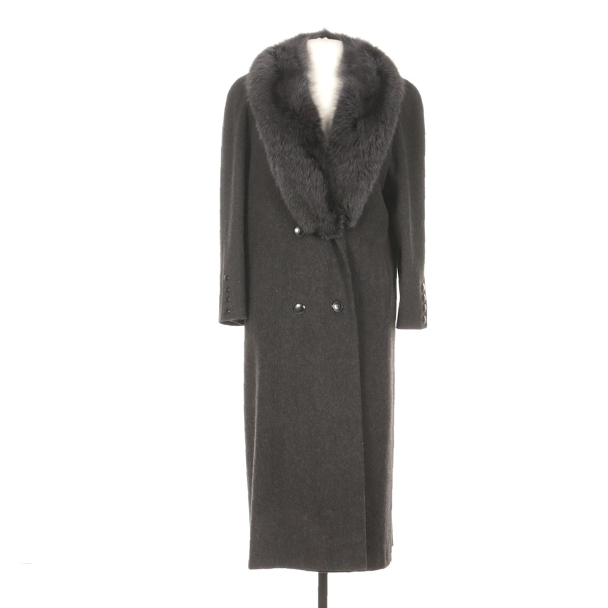 Alorna Wool Double-Breasted Full-Length Coat with Fox Fur Collar in Dark Grey