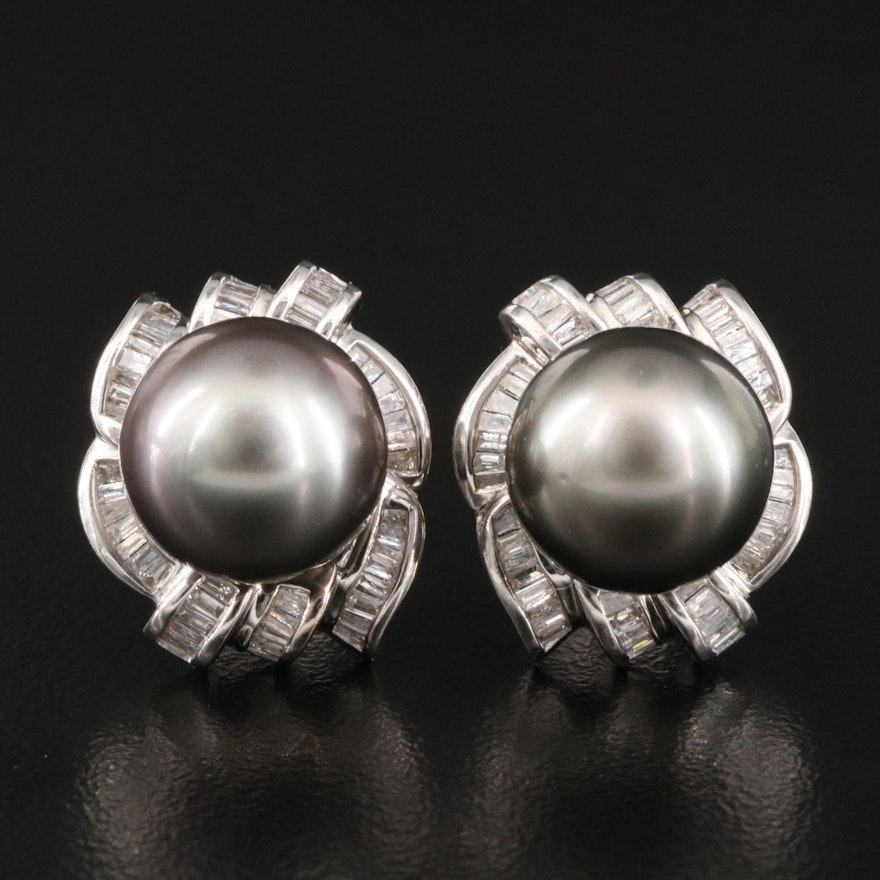 14K Pearl and Diamond Button Earrings