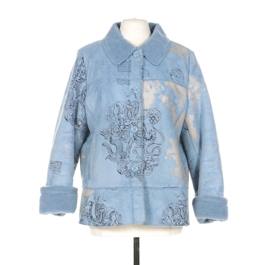 Méchant Button-Front Coat in Blue with Printed Design and Faux Shearling
