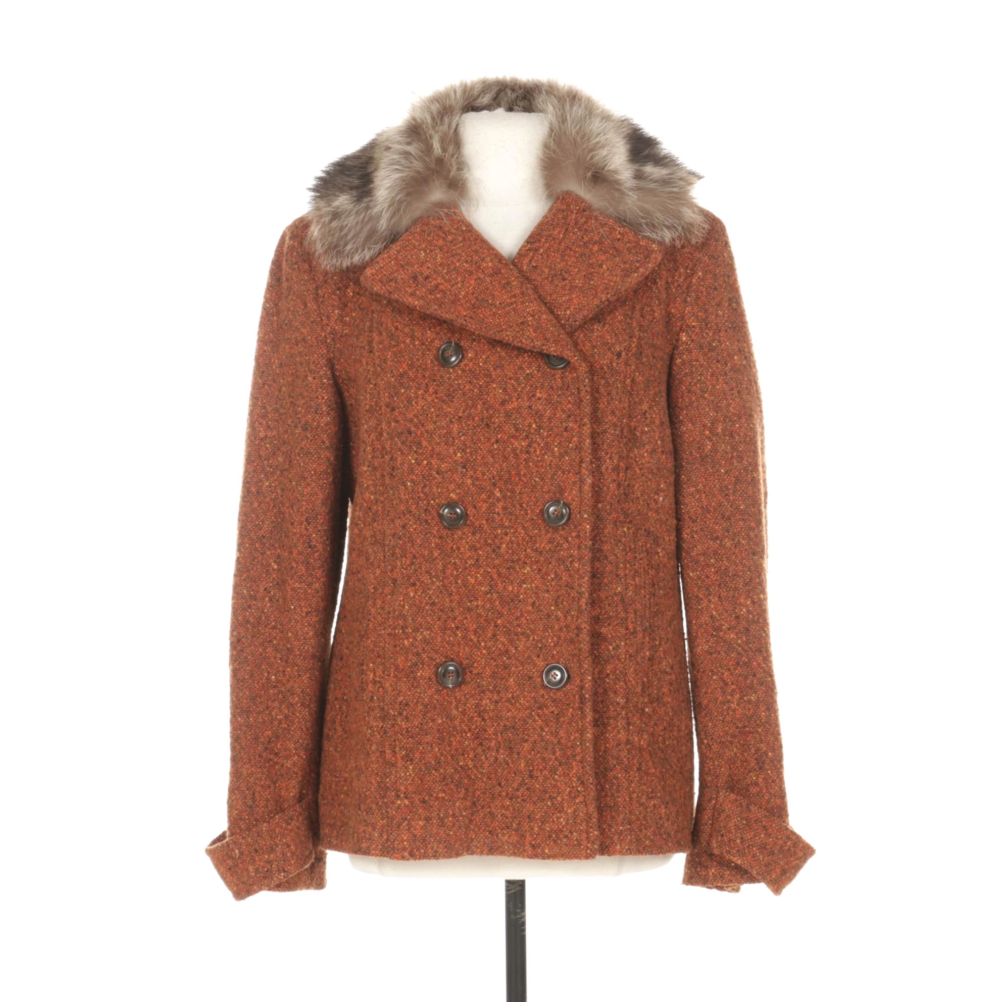 Cole Haan Tweed Wool Double-Breasted Peacoat with Raccoon Fur Collar