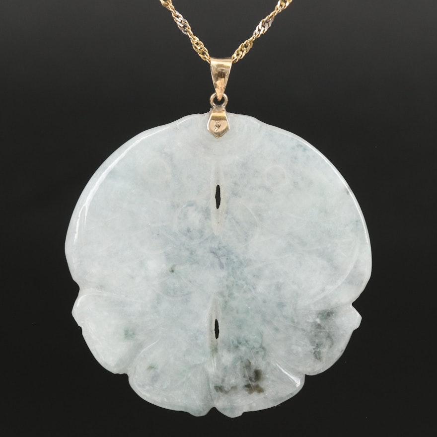 Carved Jadeite Fish Pendant on 14K Singapore Chain Necklace