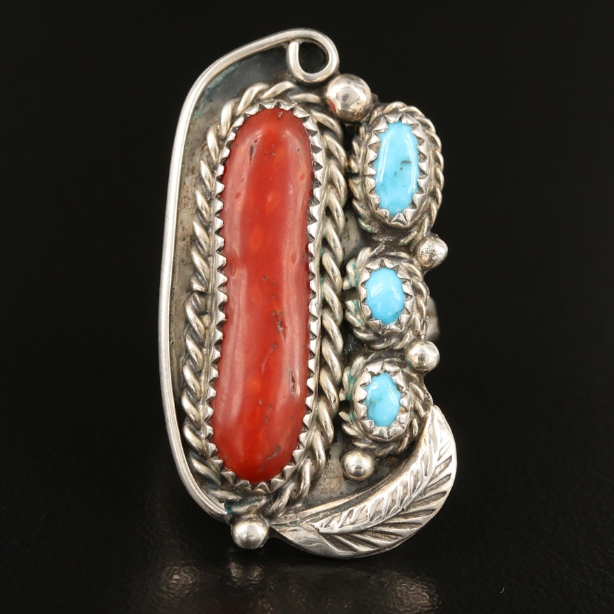 Southwestern Sterling Coral and Turquoise Appliqué Ring