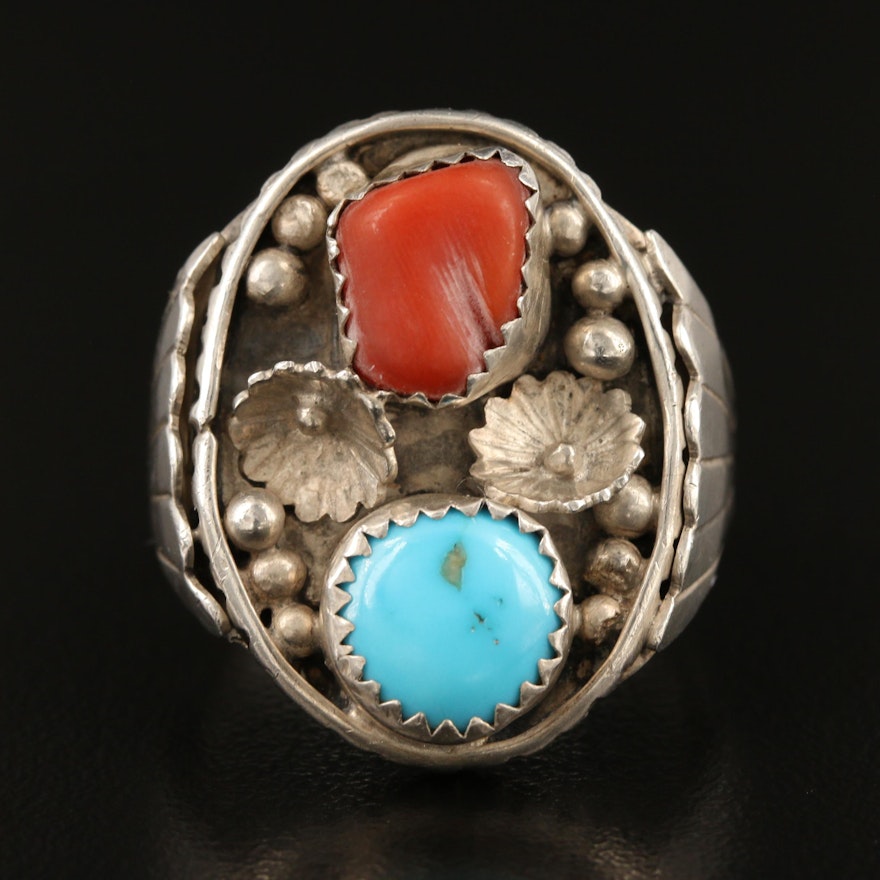 Southwestern Sterling Turquoise and Coral Appliqué Ring