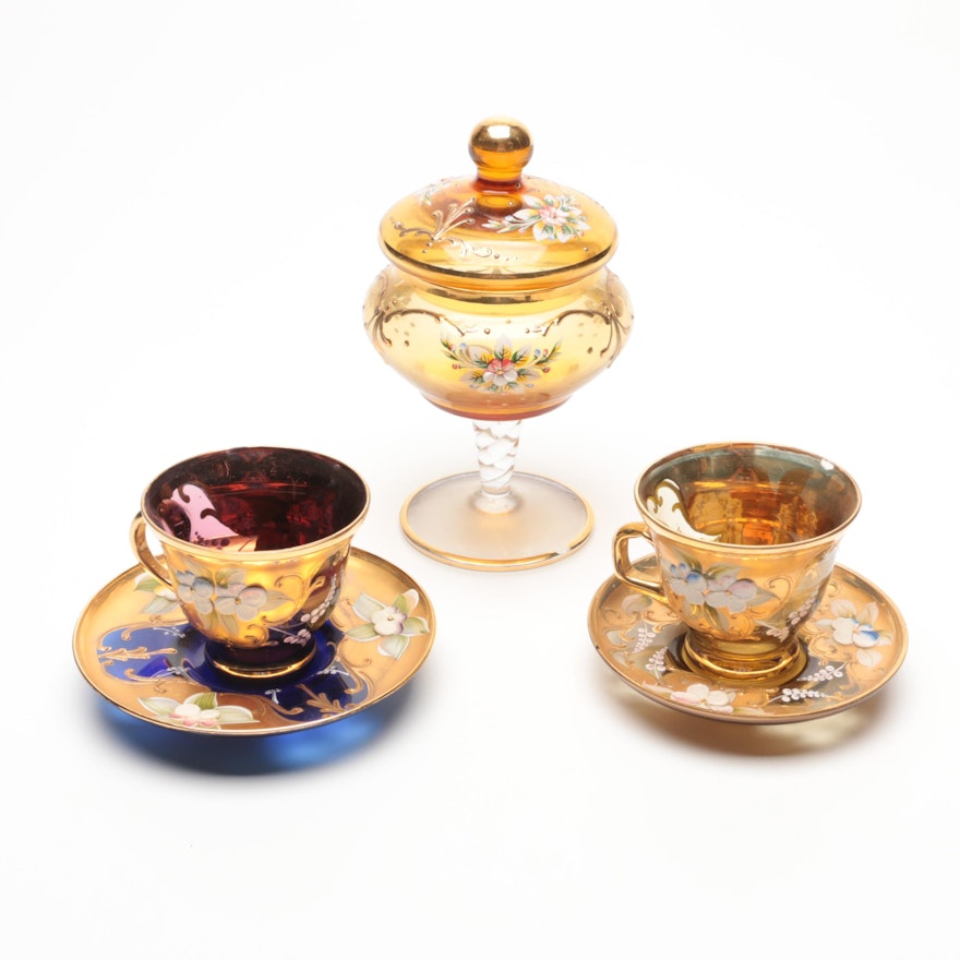 Bohemian Style Gilt and Enameled Glass Teacups and Candy Dish