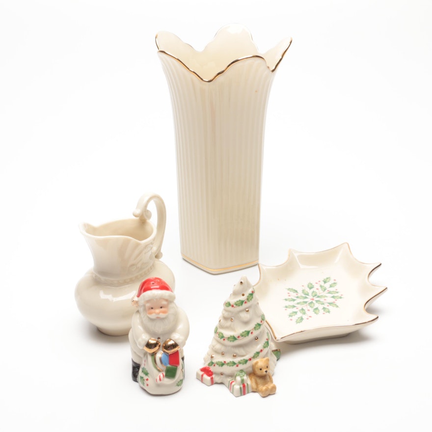 Lenox Vase and Creamer with Christmas Tray and Shakers