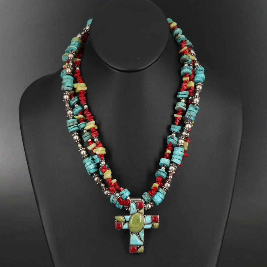 Sterling Cross Pendant Necklace Including Turquoise and Coral