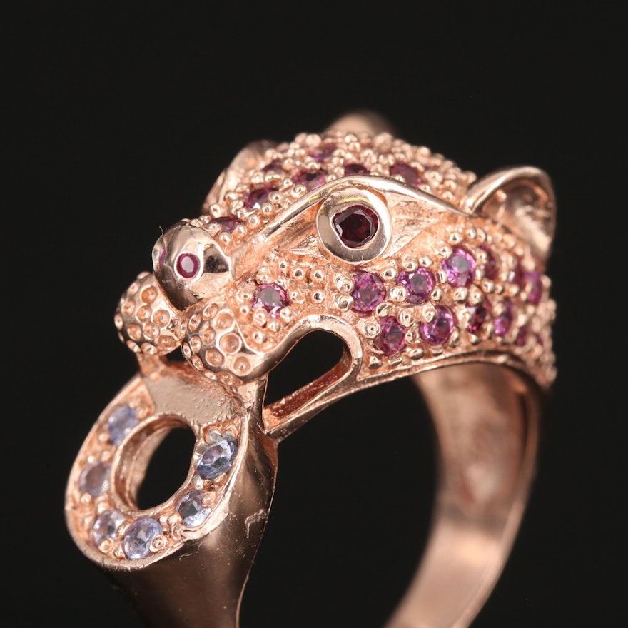 Sterling Feline Door Knocker Ring with Garnet, Tanzanite and Ruby