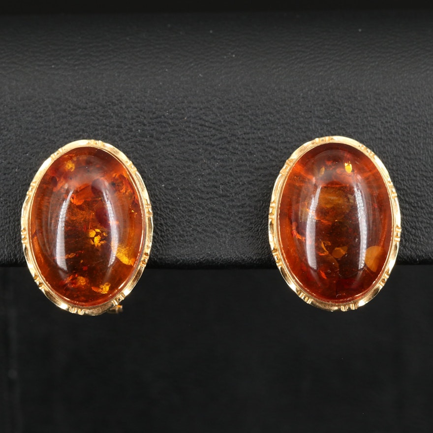 14K Oval Amber Cabochon Earrings