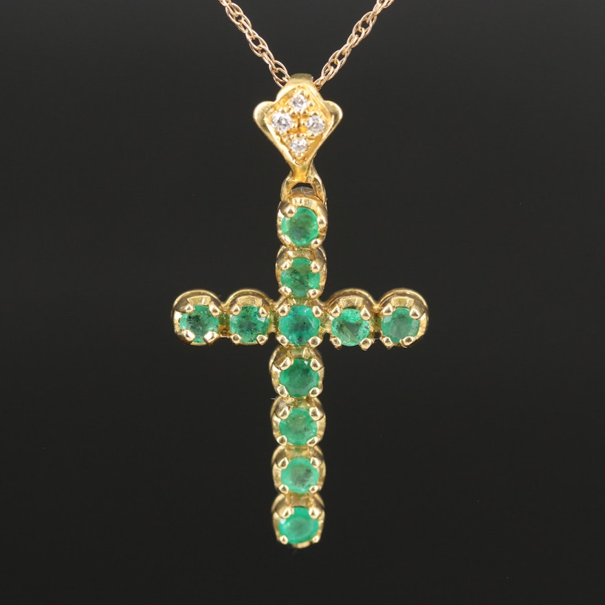 18K Emerald and Diamond Cross Pendant nn 14K Chain