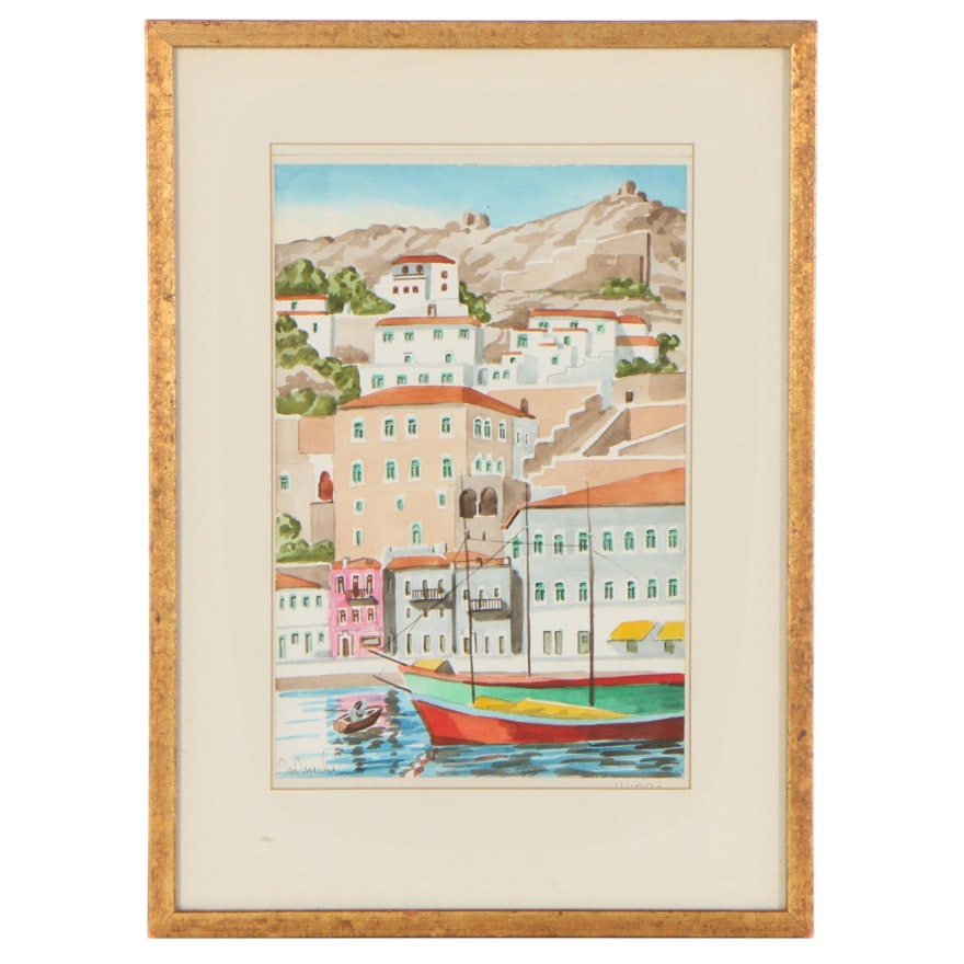 M. Michel Watercolor Painting of European Coastal City, Late 20th Century