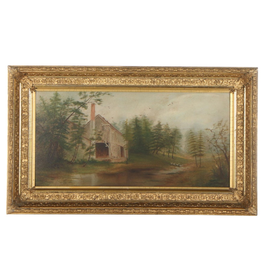 Landscape Oil Painting With House, Late 19th Century