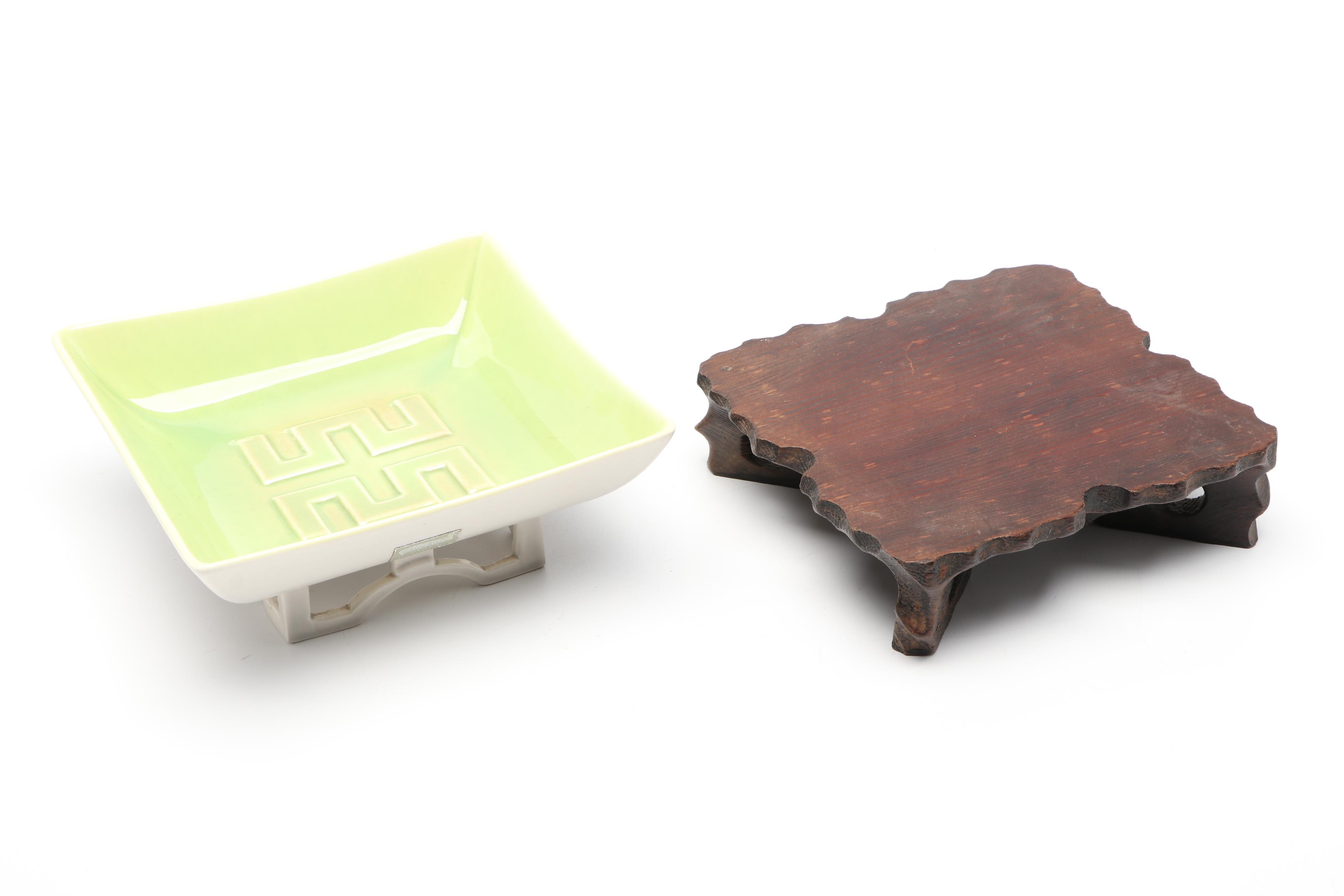 Roselane "Chinese Key" Ceramic Dish with Wooden Base, Mid-20th Century