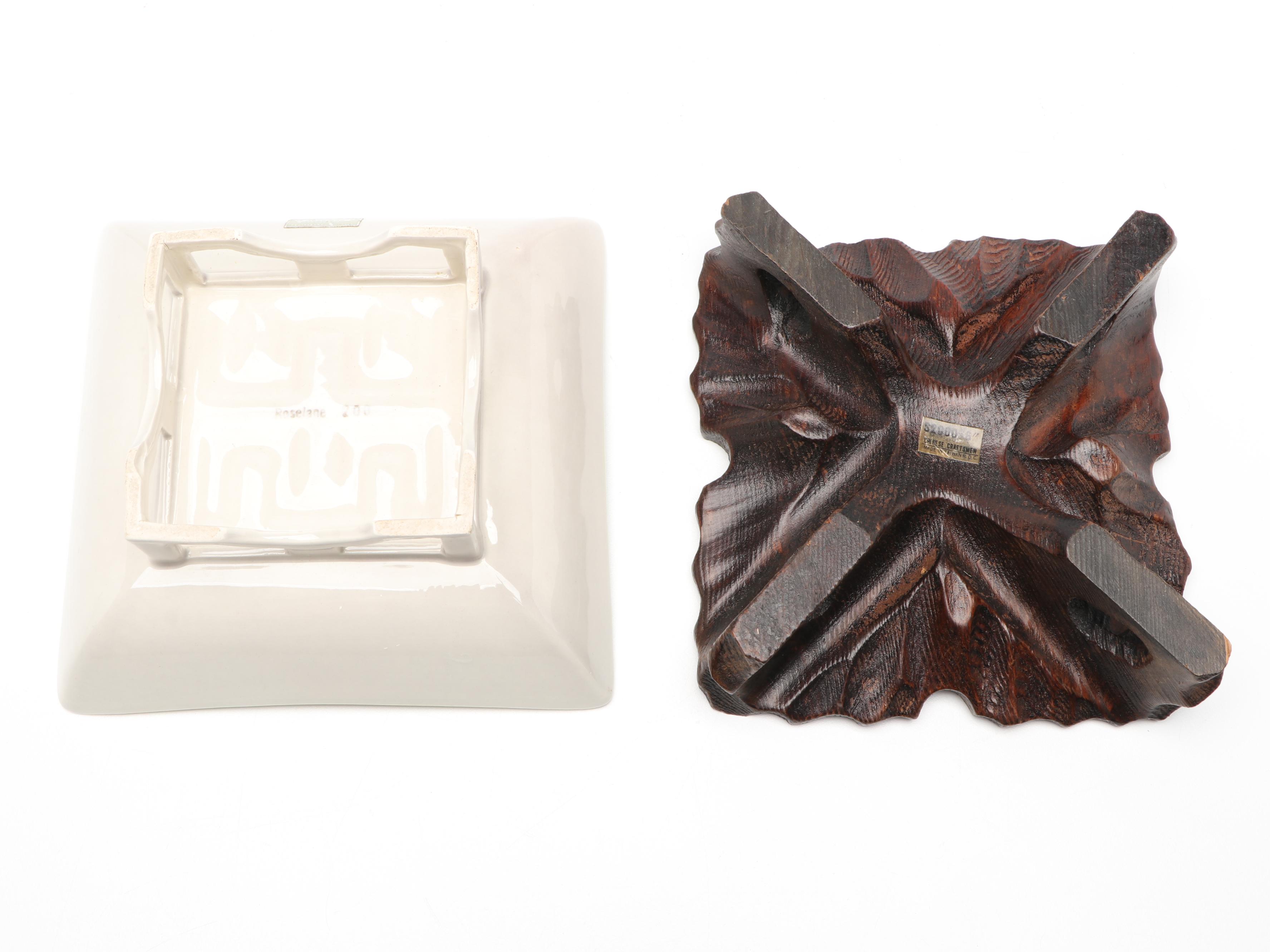 Roselane "Chinese Key" Ceramic Dish with Wooden Base, Mid-20th Century