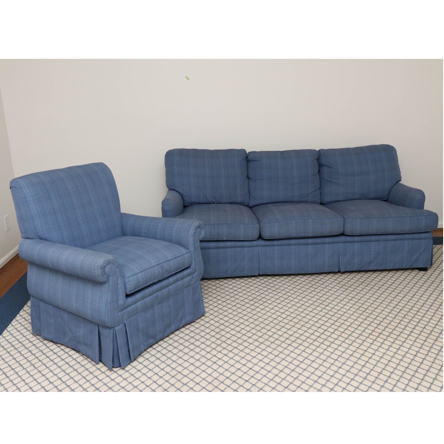 Custom Blue Denim Upholstered Sofa and Armchair with Down Seats