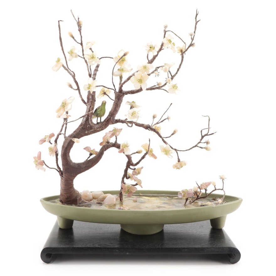 Floraline Pottery Centerpiece Bowl with Quartz Ikebana Cherry Blossom Sculpture