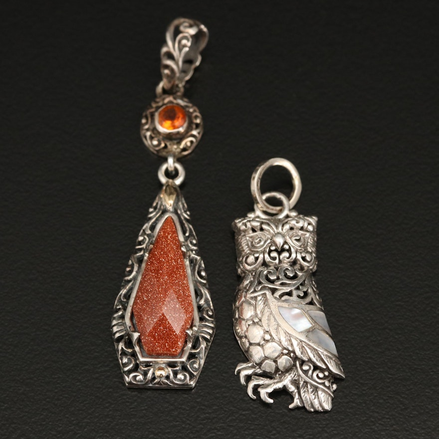 Robert Manse Sterling Goldstone Glass Pendant and Sarda Owl Pendant
