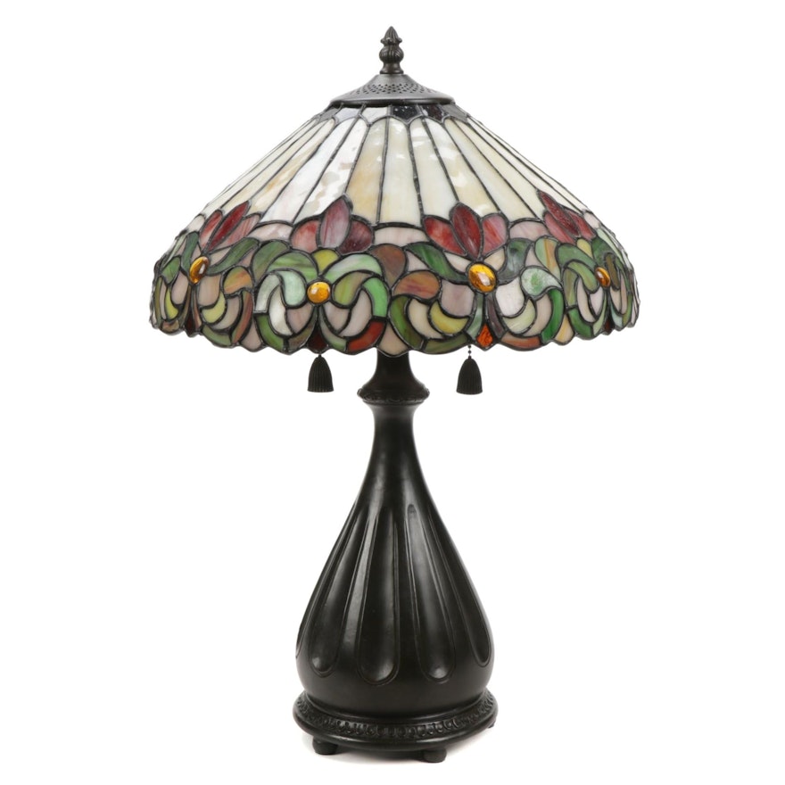 Quoizel Tiffany Style Stained Glass Floral Motif Table Lamp with Metal Base