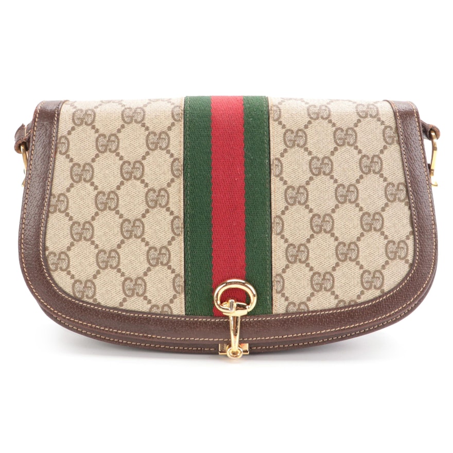 Gucci Flap Front Shoulder Bag in GG Supreme Canvas with Web Stripe