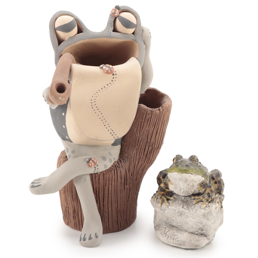 Hand-Painted Ceramic Abstract Frog Sculpture and Resin Frog Figurine