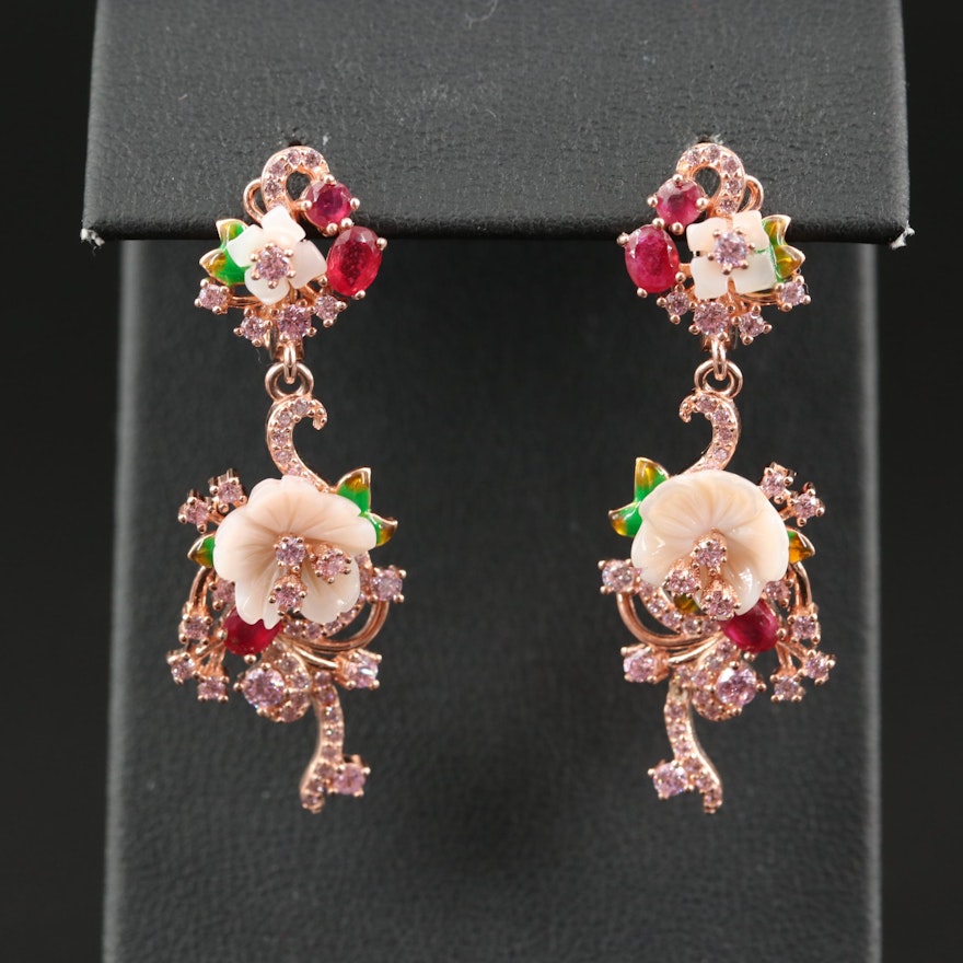 Sterling Silver Mother of Pearl, Ruby and Cubic Zirconia Floral Earrings