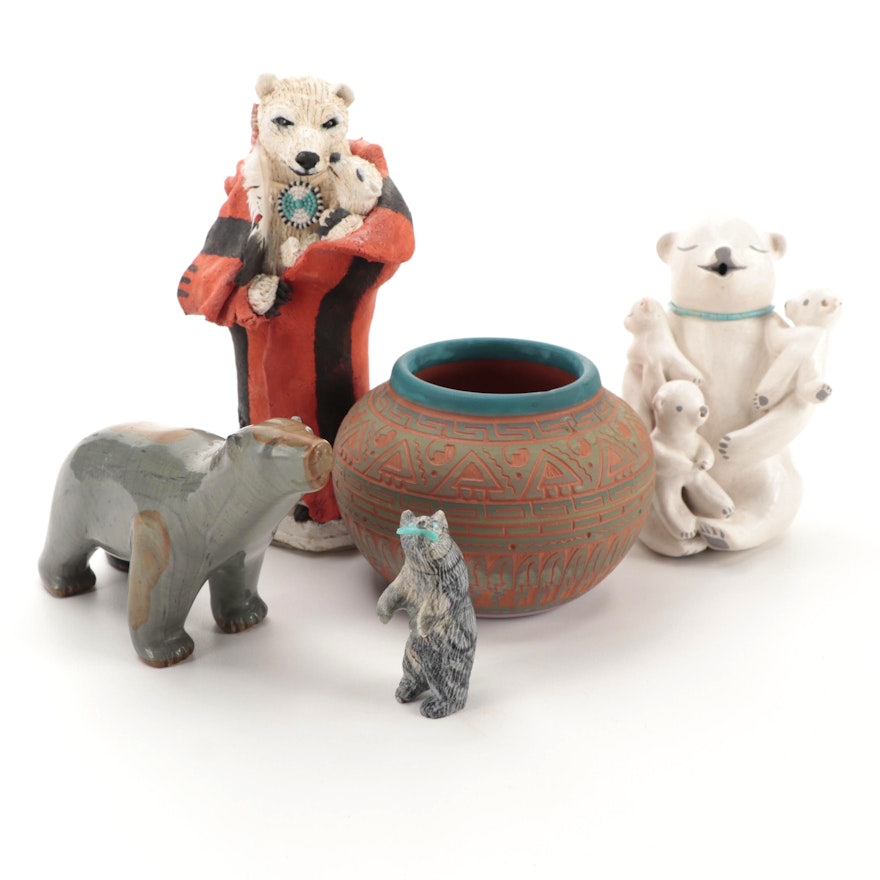 Dennis Charlie Navajo Sgraffito Pottery Vase with Other Bear Figurines