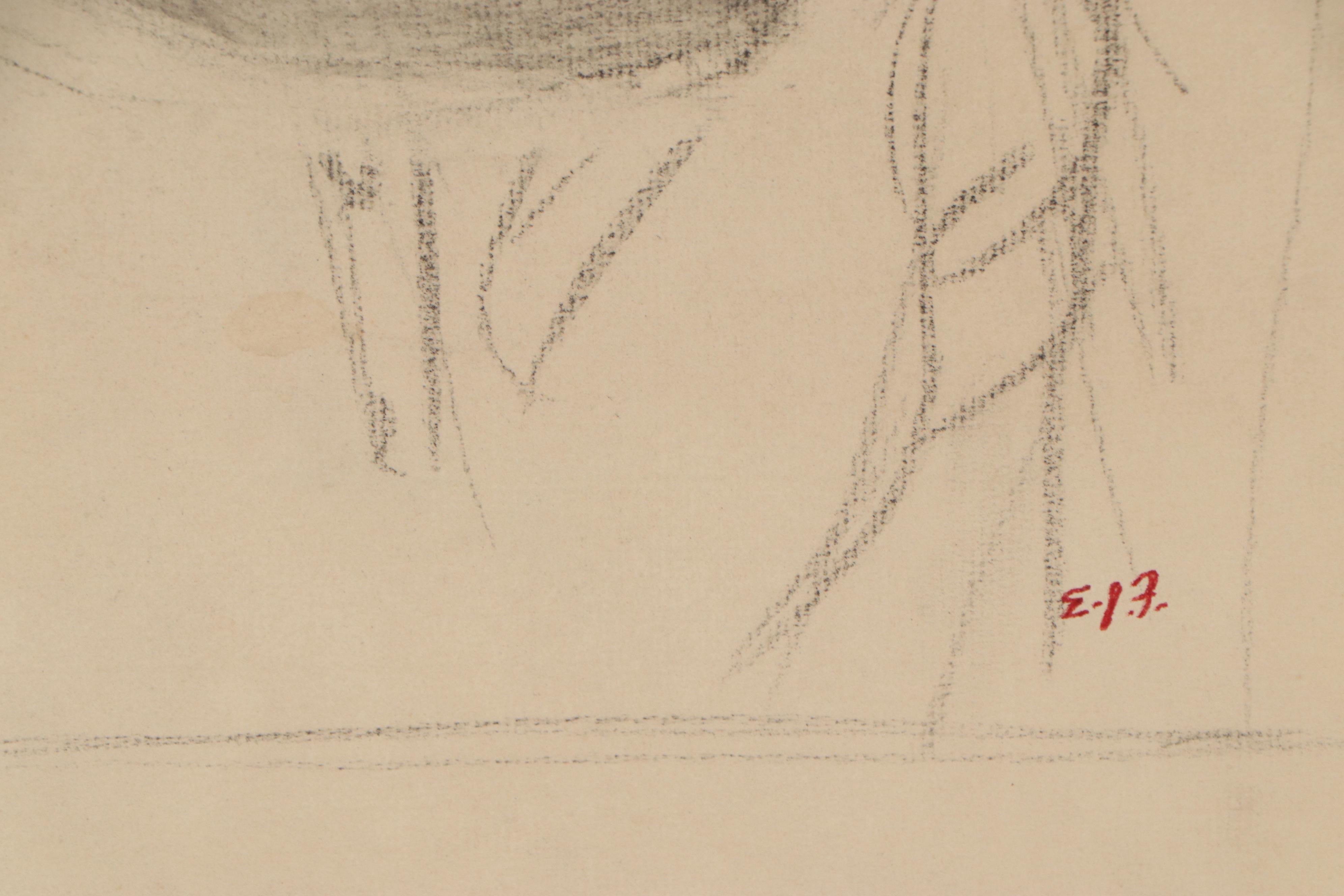 Edmond J. Fitzgerald Portrait Charcoal Drawing of Woman, Mid-20th Century