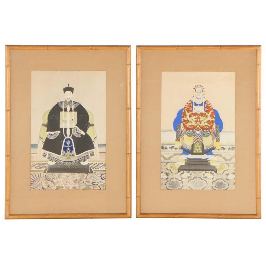 Hand-Colored Woodblocks of Chinese Emperor and Empress