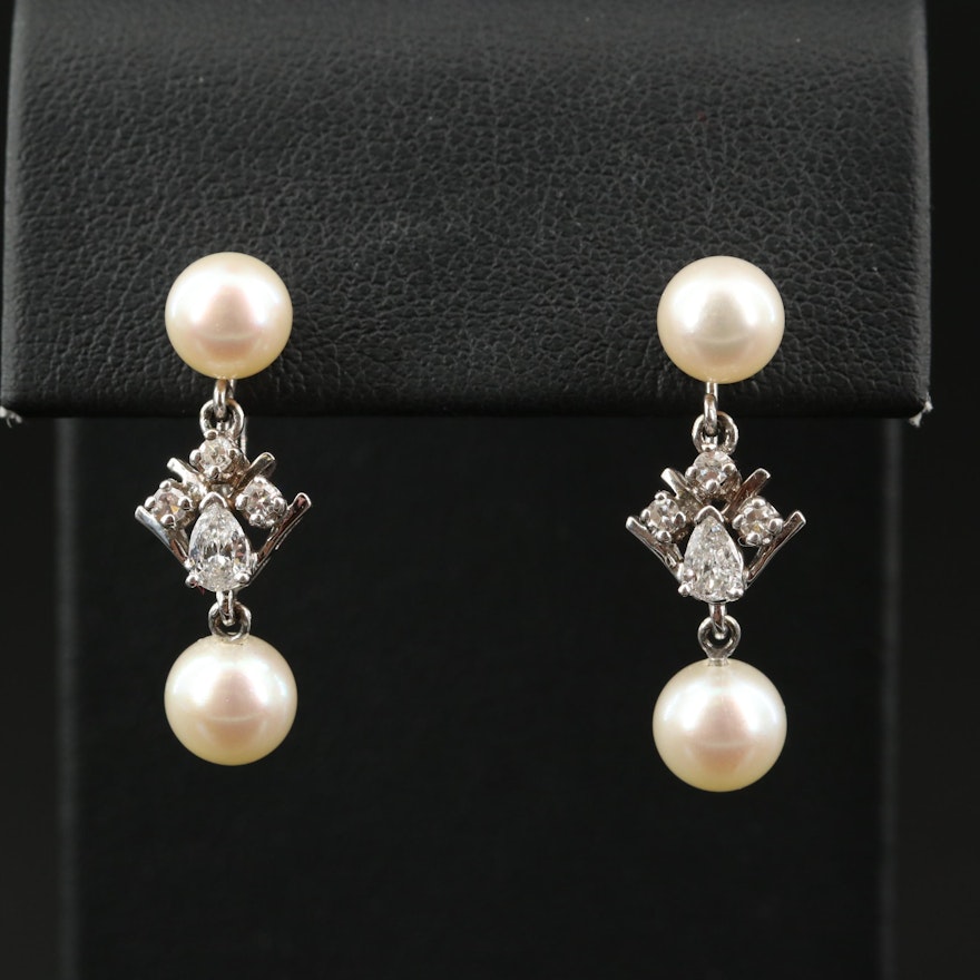 14K Pearl and Diamond Drop Earrings