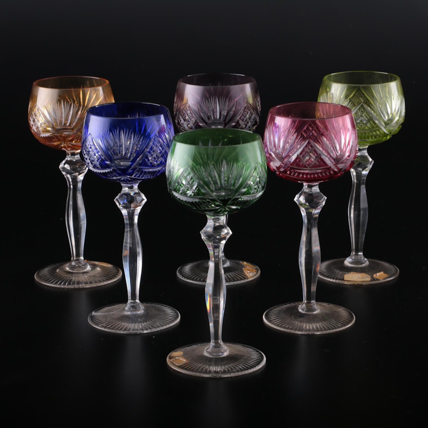 German Colored Cut to Clear Crystal Hock Wine Glasses, Mid to Late 20th Century
