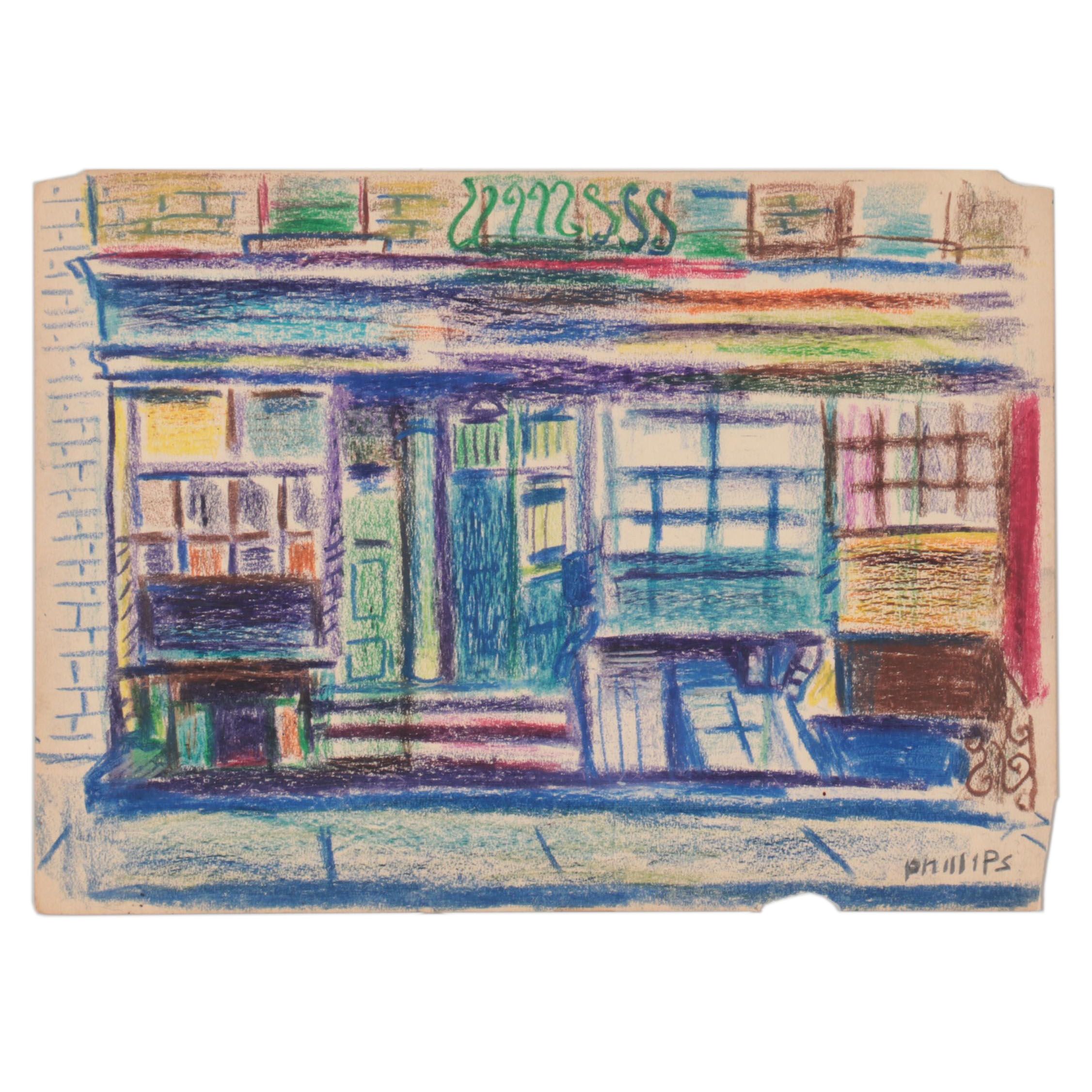 Esther Phillips Abstract Street Scene Pastel Drawing, Mid-20th Century