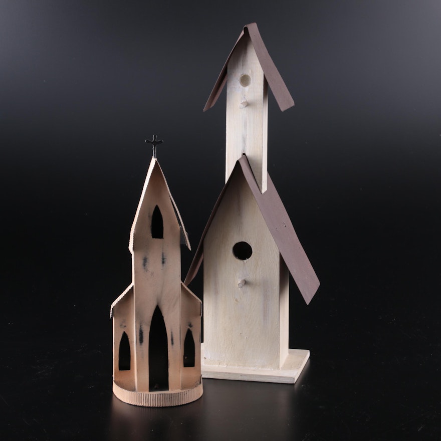 White Painted Wood and Metal Decorative Birdhouse with Church Votive holder