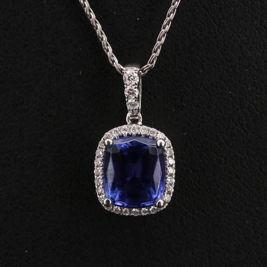 14K Tanzanite and Diamond Halo Pendant Necklace